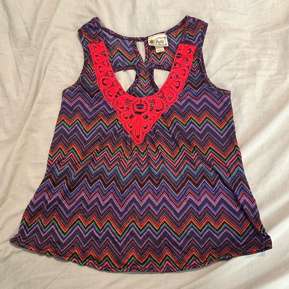 Pretty Rebellious Multicolor Chevron Tank Top with Red Lace